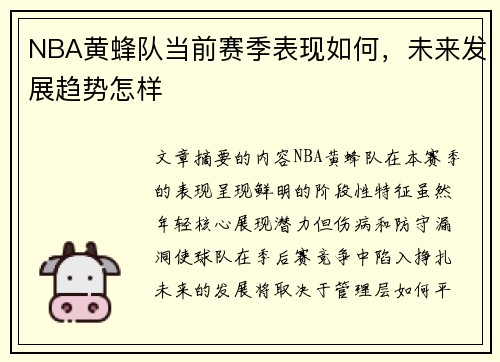 NBA黄蜂队当前赛季表现如何，未来发展趋势怎样